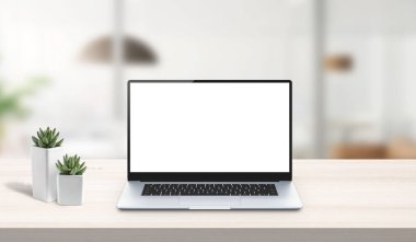 Çalışma masasında dizüstü bilgisayar modeli. Ofis masası, iş kompozisyonu. Uygulama veya web sitesi tasarım sunumu için izole ekran. İzole edilmiş katmanları olan sahne oluşturucu