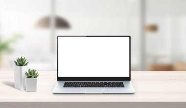 Laptop mockup on work desk. Office desk, business composition. Isolated screen for app or web site design presentation. Scene creator with isolated layers clipart