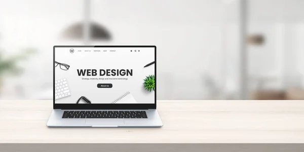 Web Design Studio Promocyjne Strona Internetowa Ekranie Laptopa Biurku Koncepcja — Zdjęcie stockowe