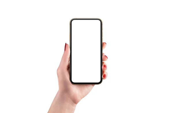 Geïsoleerd Modern Telefoonmodel Hand Van Een Vrouw Voorste Positie Smart — Stockfoto