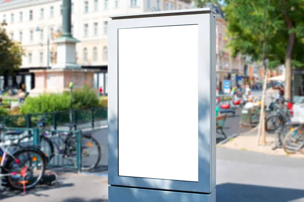 City light billboard mockup. Modern LED display in white case on city street