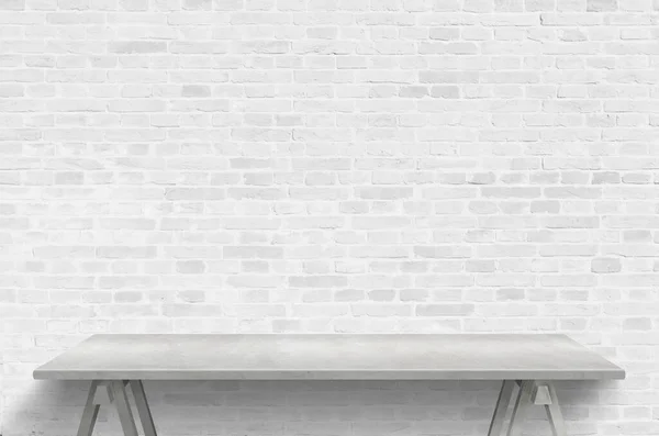 Empty Gray Desk Brick Wall Producrt Presentation Free Space Promo — Stock Photo, Image