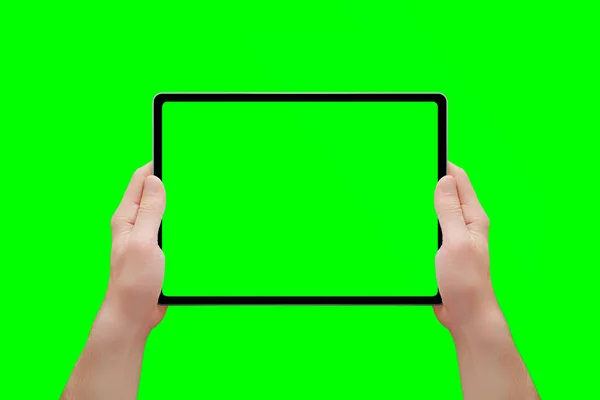 Mockup Tablet Mãos Homem Isolado Croma Chave Verde Posição Frente — Fotografia de Stock