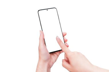 İzole edilmiş kadın ellerinde telefon modeli. Sağ el dokunuşu ekran konsepti. Ekranda ince kenarlı ve kameralı modern akıllı telefon.