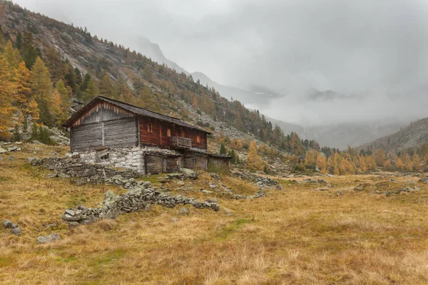 Eine geschlossene Schutzhütte bei Sturz vor einer Bergwiese — Stockfoto