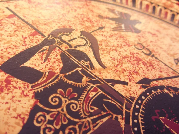 Eski bir tarihi Yunan boya üreme bir pişmiş toprak çanak üzerinde detay. Bilinmeyen efsanevi kahramanlar ve Tanrılar üzerinde mücadele