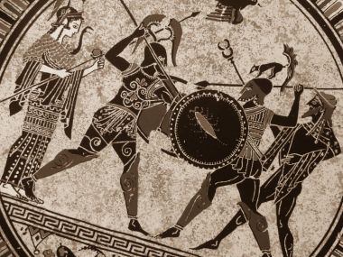 Bir tabak üzerinde eski bir tarihi Yunan boya detay. Efsanevi kahramanlar ve Tanrılar üzerinde mücadele