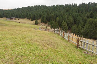 Bir sığınak Val di Funes, İtalya bir dağ mera arasında kırsal sahne