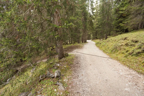 Caminando por un largo camino de montaña tranquilo en Valle di Funes en los Dolomitas italianos — Foto de Stock