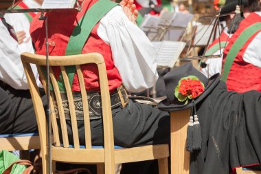 Val di Funes (South Tyrol bir sonbahar yerel kutlama sırasında tipik kostüm genç müzisyen )
