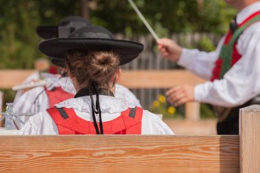 Genç müzisyen kız Val di Funes (South Tyrol bir sonbahar yerel kutlama sırasında tipik kostüm )