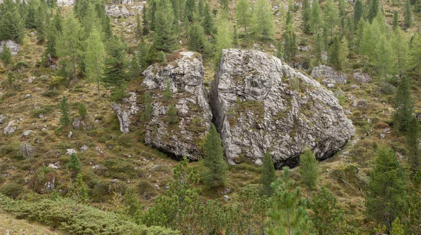 Piedra grande rota al pie del grupo Odle en Dolomitas —  Fotos de Stock