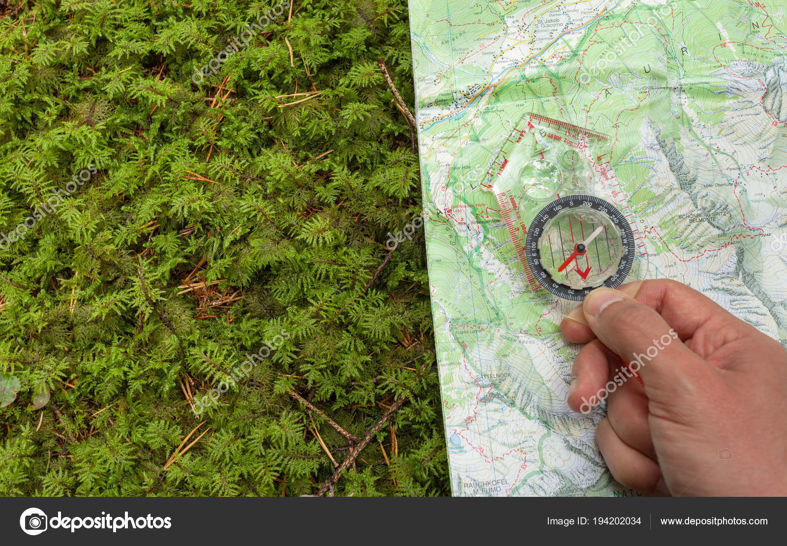 Finding Right Position Forest Compass Map Gps Stock Photo Image By C Tonellophotography