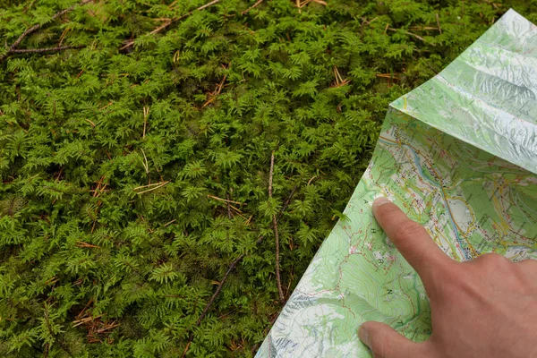 Trouver Bonne Position Dans Forêt Avec Une Carte — Photo