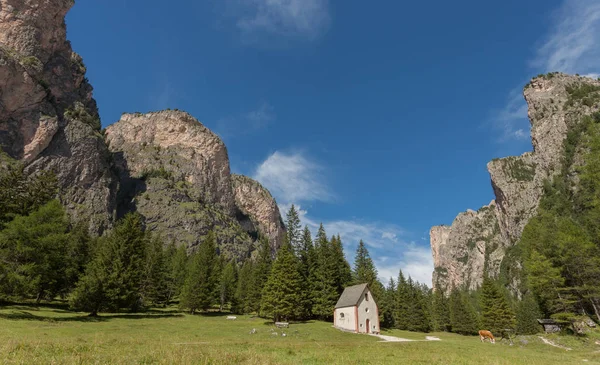 Uma pequena capela isolada (São Silvestre) entre os bosques nas Dolomitas italianas — Fotografia de Stock