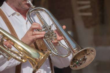 Val Isarco 'daki yerel bir sonbahar kutlamasında tipik kostümlü müzisyen. )