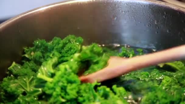 Grönkål matlagning i kastrull på spisen — Stockvideo