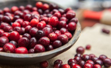 Çuval bezi arka plan üzerinde rustik ahşap kase taze kızılcık bir