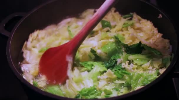 Cozinhar couve lombarda na panela na parte superior do fogão — Vídeo de Stock