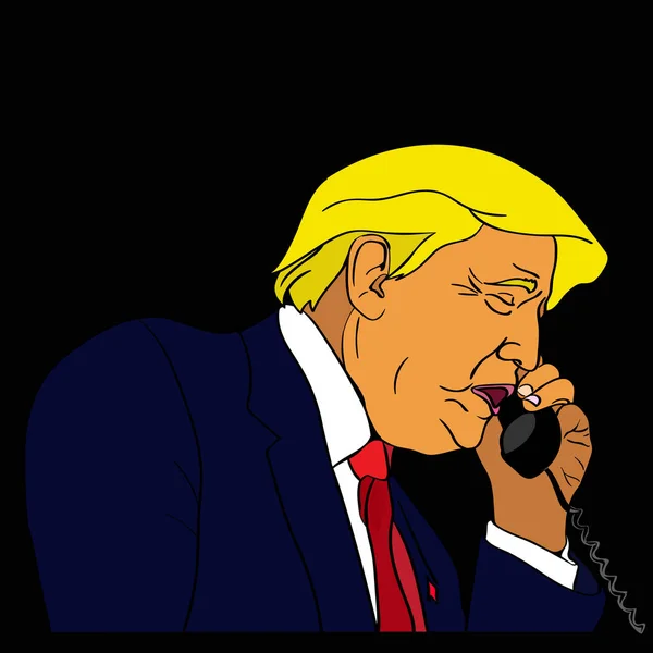 NOV, 2016: El presidente de Estados Unidos, Donald Trump, está hablando por teléfono. sosteniendo un fondo de bandera de Estados Unidos. tiene una conversación importante . — Vector de stock