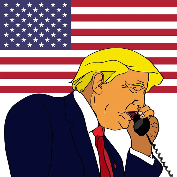 Nov 2016: President av USA Donald Trump talar i telefon. hålla en USA flagga bakgrund. har en viktig konversation. — Stock vektor