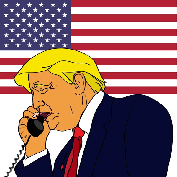 NOV, 2016: Presidente dos Estados Unidos Donald Trump está falando ao telefone. segurando um fundo bandeira dos EUA. tem uma conversa importante . —  Vetores de Stock