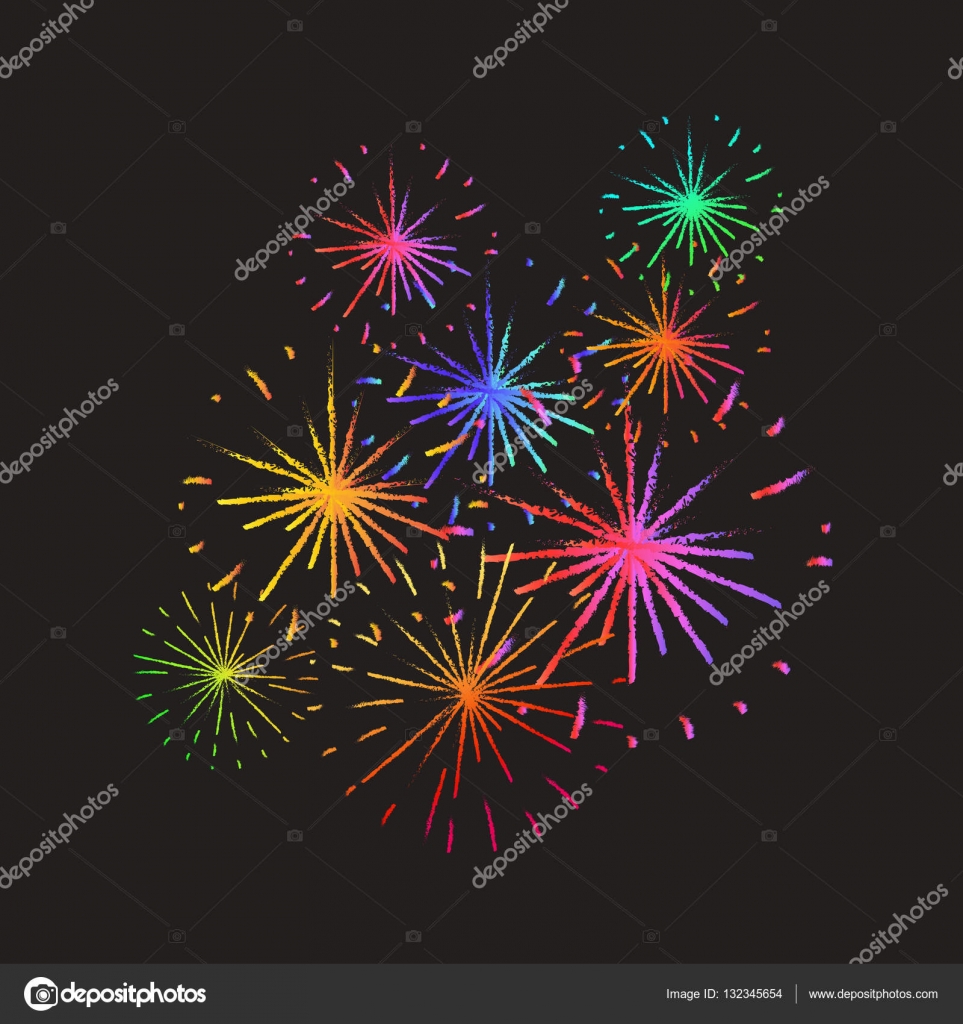 Vacanze di Capodanno fuochi d artificio Festivo firework scoppiando in varie forme impostato su uno sfondo colorato luminoso scintillante di pittogrammi
