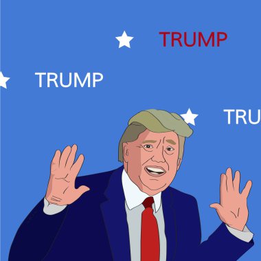 06 Aralık, 2016: Cumhurbaşkanı Donald Trump dikey, eller yukarı. çizgi film karakteri vektör çizim.