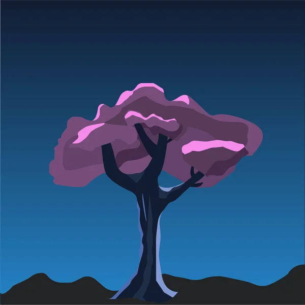 Árbol púrpura de dibujos animados 2D juego ilustración vectorial. Violeta en la noche bajo la luz de la luna. Elemento para tu juego o diseño de Halloween . — Archivo Imágenes Vectoriales