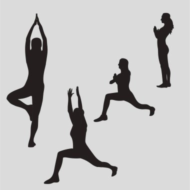 Kadın meditasyon farklı yoga teşkil etmektedir. Yoga kadın silueti. Zen, meditasyon, barış. Savaşçı, ağaç, Namaste teşkil etmektedir. Vektör çizim.