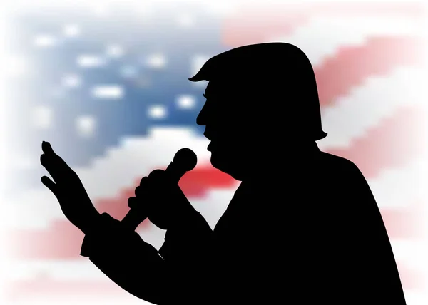 Dec, 2016: Voorzitter Donald Trump portret op ons vlag achtergrond. zwarte silhouet met een microfoon spreken aan het publiek. — Stockvector