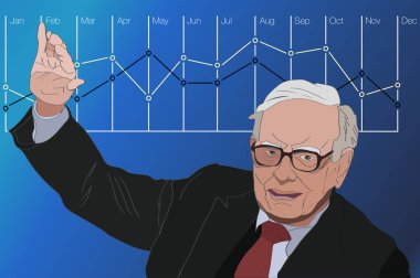 Jan, 2017: Yatırımcı ve ekonomist Warren Buffett tahminler stokları maket değişiklikler yükselmeye devam edecek. Warren Buffett portre, vektör çizim.