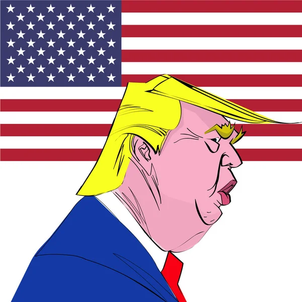 1 Şubat, 2017: 45 bizi Başkan Donald Trump komik karikatür. Politikacı profilinde görünür ile bayrak arka plan ayakta tarihinde. Çizgi film yüz. — Stok Vektör