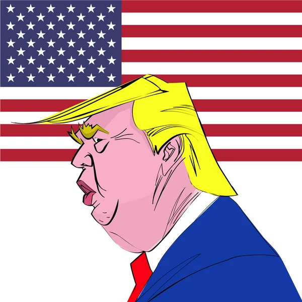 1 Feb, 2017: 45th US president Donald Trump funny caricature. Politician  on the  flag background standing with his profile visible. Cartoon  face. — Stock Vector