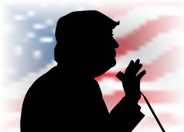 05 Şubat, 2017: Donald Trump profil portre siluet ABD'nin arka plan bayrak. kitleye konuşan 45 bizi Başkan Donald Trumpith mikrofon.