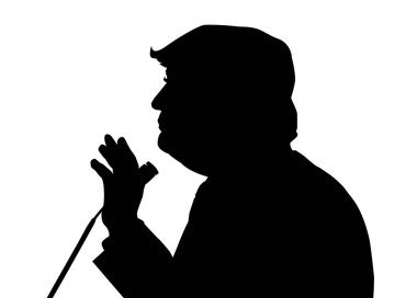05 Şubat, 2017: Donald Trump profil portre siluet beyaz arka plan üzerinde. 45 bizi Başkan Donald Trump kitleye konuşan mikrofon ile.