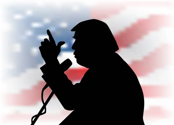 05 Şubat, 2017: Donald Trump profil portre siluet ABD'nin arka plan bayrak. kitleye konuşan 45 bizi Başkan Donald Trumpith mikrofon.
