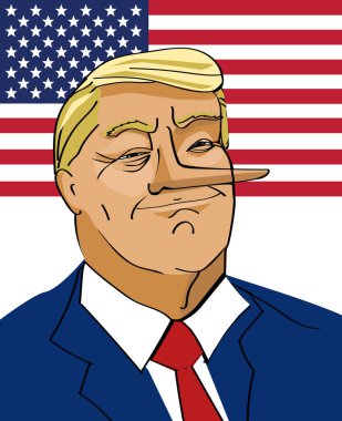 26 Şubat, 2017: 45 bizi Başkan Donald Trump karikatür uzun Pinokyo lier ile burun ABD bayrağı arka plan