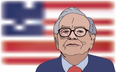 Mart, 2017: Yatırımcı ve ekonomist Warren Buffett tahminler stokları maket değişiklikler yükselmeye devam edecek. Warren Buffett portre bize bayrak arka plan, vektör çizim.
