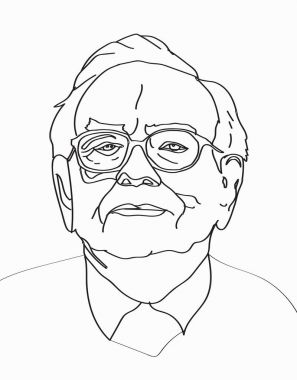 Mart, 2017: Yatırımcı ve ekonomist Warren Buffett tahminler stokları maket değişiklikler yükselmeye devam edecek. Warren Buffett satır portre üzerinde açık gri renkli, vektör çizim.