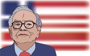 Mart, 2017: Yatırımcı ve ekonomist Warren Buffett tahminler stokları maket değişiklikler yükselmeye devam edecek. Warren Buffett portre bize bayrak arka plan, vektör çizim.