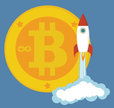 Hızlı kalkış olarak roketi olan altın bitcoin ikonu. Kripto para birimi sanal para birimi dijital para kesiği.