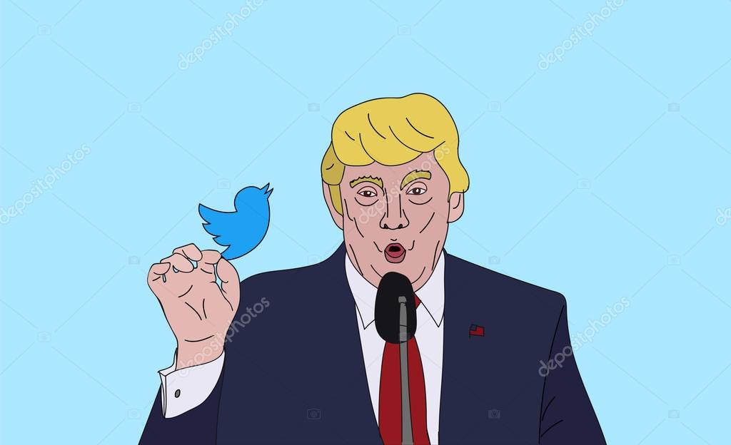 June, 2017: US President Donald Trump holds a twitter bird. Vector Cartoon.