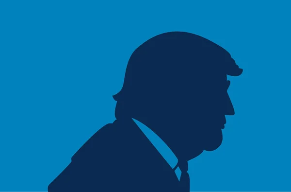 Junio de 2017: Presidente de los Estados Unidos Donald Trump retrato. Silueta de Trump sobre un fondo azul . — Archivo Imágenes Vectoriales