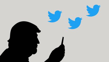Haziran, 2017: Bizi Başkan Donald Trump ve sosyal medya iletişim. Vektör çizgi film.