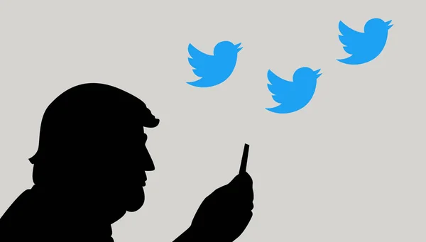 Juin 2017 : Le président américain Donald Trump et la communication sur les médias sociaux. Caricature vectorielle . — Image vectorielle