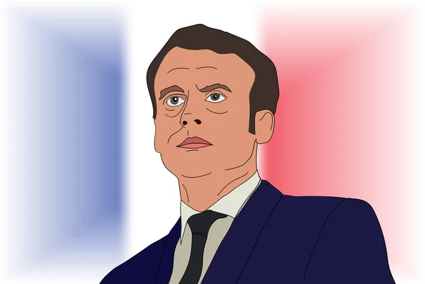 Giugno 2017. Ritratto vettoriale del presidente francese Emmanuel Macron su bandiera francese. Illustrazione del vettore EPS. Solo uso editoriale . — Vettoriale Stock