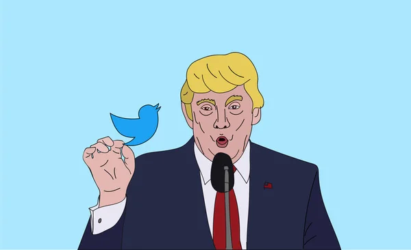 Juni, 2017: Ons Voorzitter Donald Trump en sociale mediacommunicatie. Vector Cartoon. — Stockvector