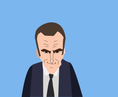 Haziran 2017. Fransa Cumhurbaşkanı Emmanuel Macron 'un mavi arka plandaki vektör portresi. EPS vektör illüstrasyonu. Sadece editör kullanımı.