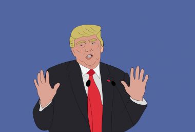 Temmuz, 2017: Amerika Birleşik Devletleri Donald Trump ile eller yukarı 45 başkanı. Donald Trump karikatür karikatür portre. Vektör çizim.